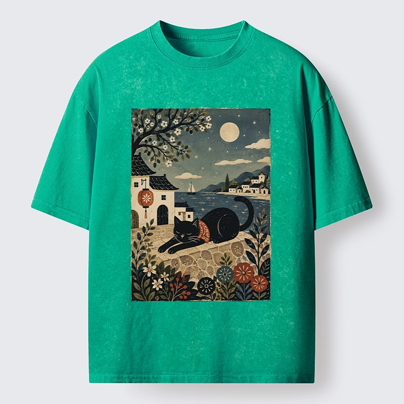 Tokyo-Tiger Sleepy Cat In A Coastal Town Washed T-Shirt