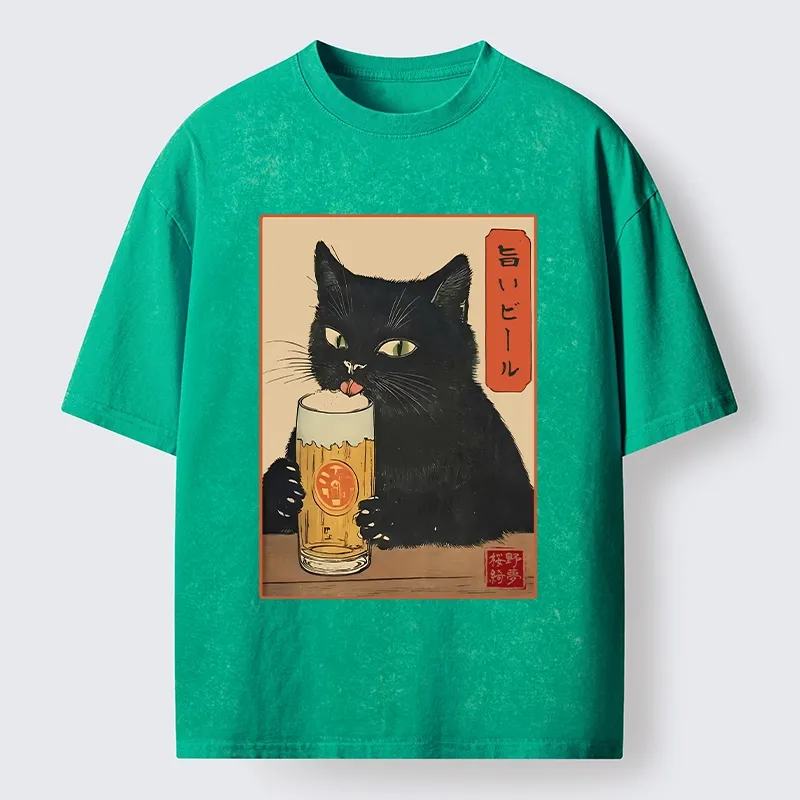 Tokyo-Tiger Cat Holding A Glass Of Beer Washed T-Shirt