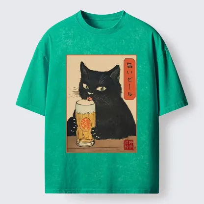 Tokyo-Tiger Cat Holding A Glass Of Beer Washed T-Shirt