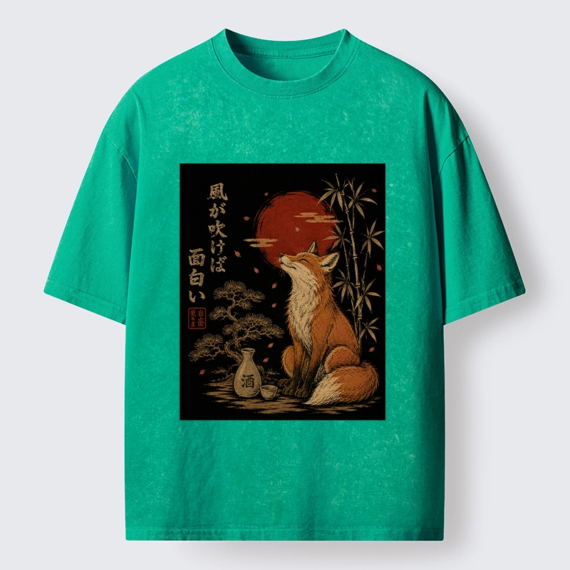 Tokyo-Tiger Zen Fox Enjoying The Night Air Washed T-Shirt