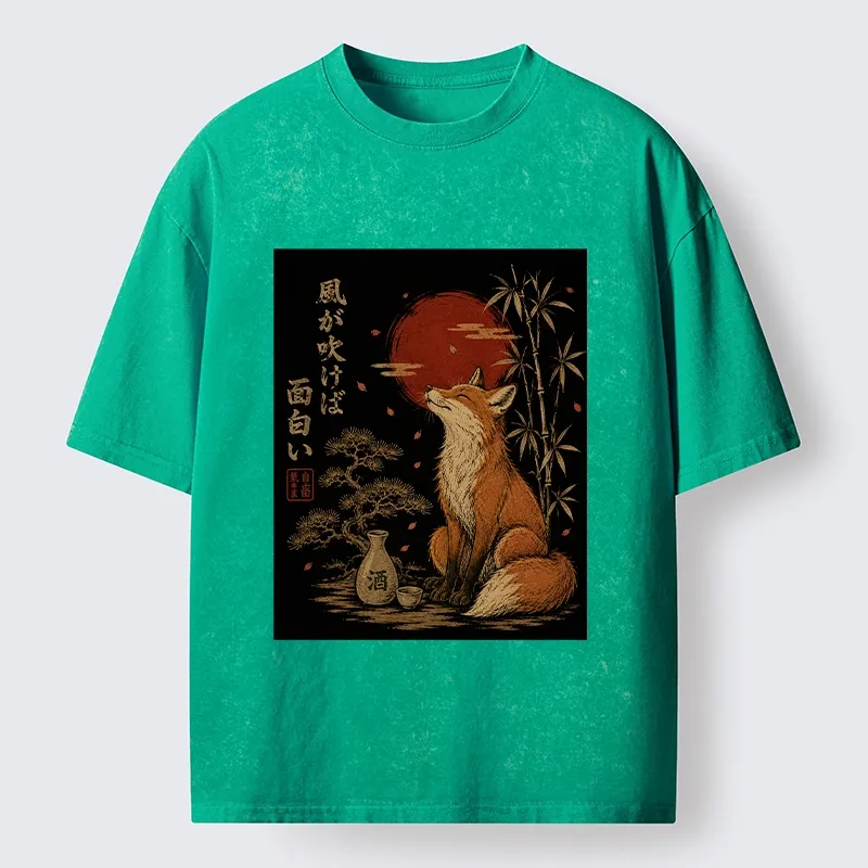 Tokyo-Tiger Zen Fox Enjoying The Night Air Washed T-Shirt