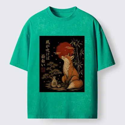 Tokyo-Tiger Zen Fox Enjoying The Night Air Washed T-Shirt