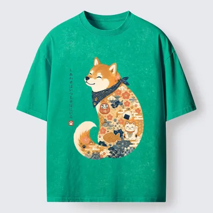 Tokyo-Tiger Cute Shiba Inu Wearing Traditional Kimono Washed T-Shirt