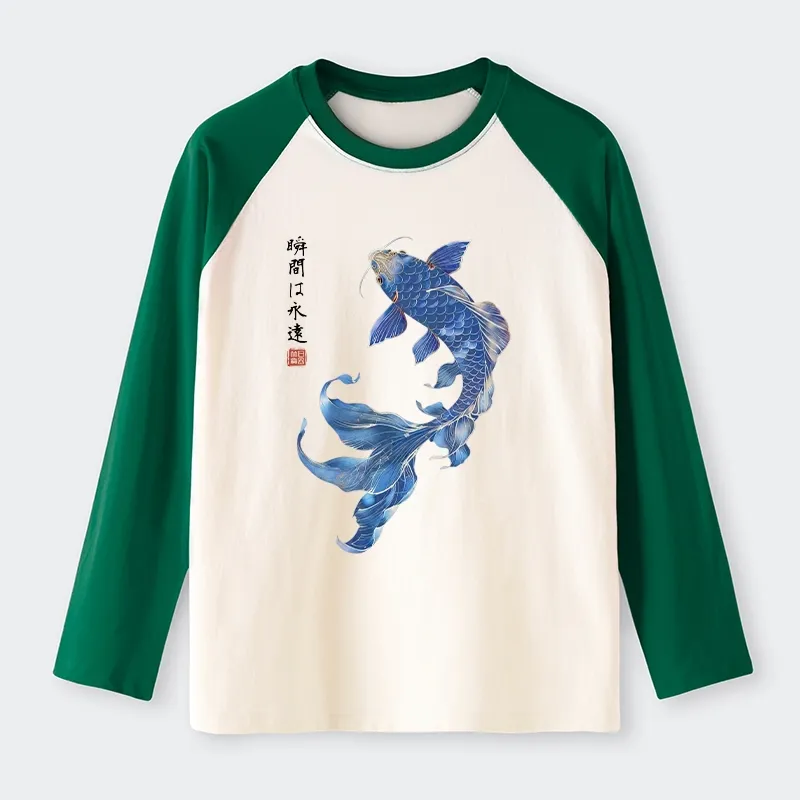 Tokyo-Tiger Lucky Blue Koi Fish Art Raglan Long Sleeve T-shirt
