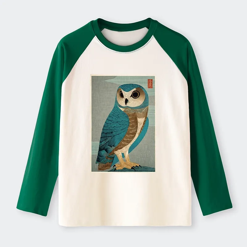 Tokyo-Tiger Vintage Owl Woodblock Art Raglan Long Sleeve T-shirt