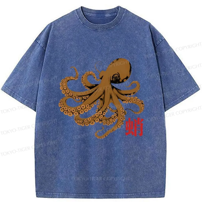 Tokyo-Tiger Retro Japanese Octopus Washed T-Shirt