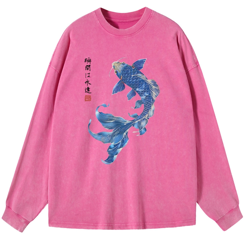 Tokyo-Tiger Lucky Blue Koi Fish Art Washed Long Sleeve T-Shirt