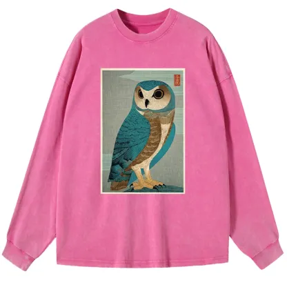 Tokyo-Tiger Vintage Owl Woodblock Art Washed Long Sleeve T-Shirt
