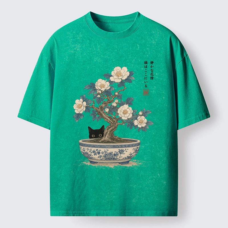 Tokyo-Tiger Black Cat Hiding In The Bonsai Washed T-Shirt