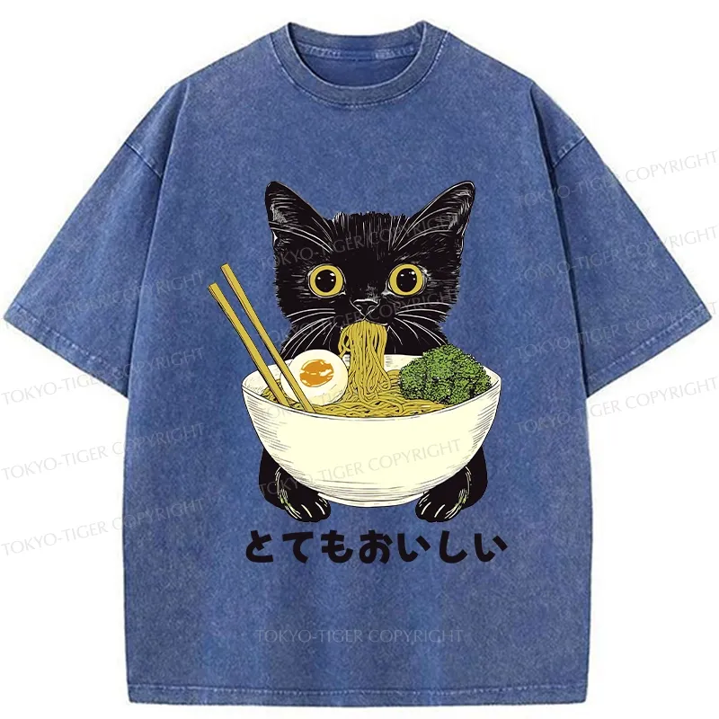 Tokyo-Tiger Ramen Lover Cute Cat Washed T-Shirt
