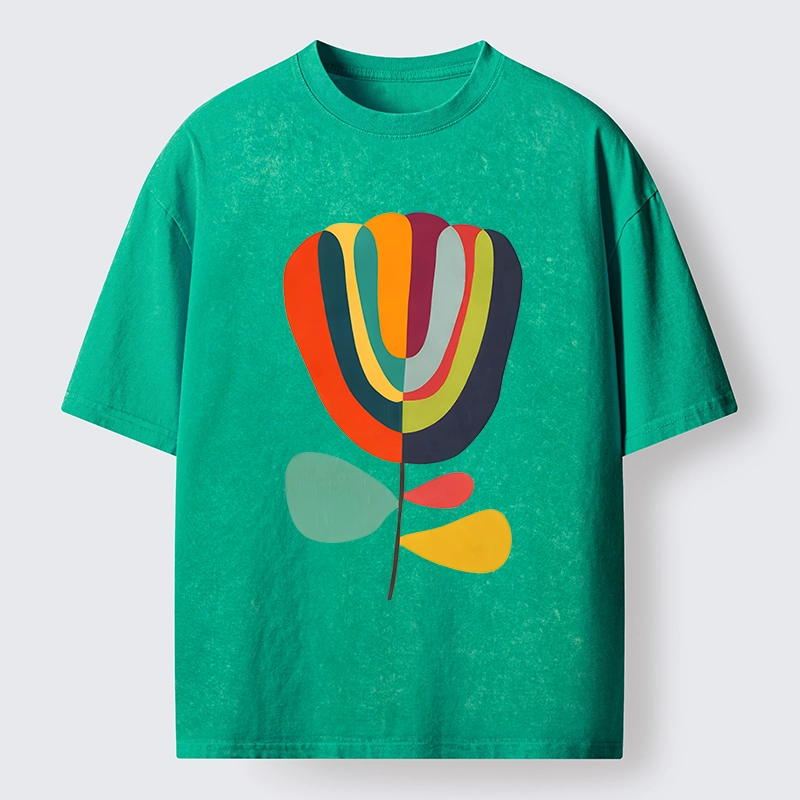 Tokyo-Tiger Colorful Flower Minimalist Print Washed T-Shirt