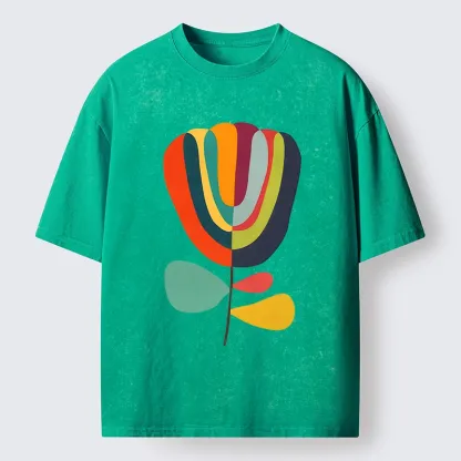 Tokyo-Tiger Colorful Flower Minimalist Print Washed T-Shirt