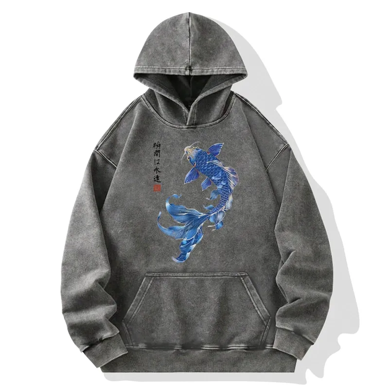 Tokyo-Tiger Lucky Blue Koi Fish Art Washed Hoodie