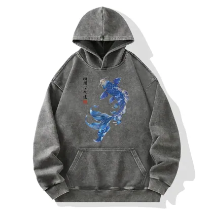 Tokyo-Tiger Lucky Blue Koi Fish Art Washed Hoodie