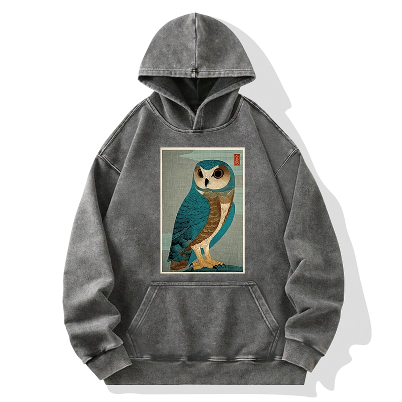 Tokyo-Tiger Vintage Owl Woodblock Art Washed Hoodie