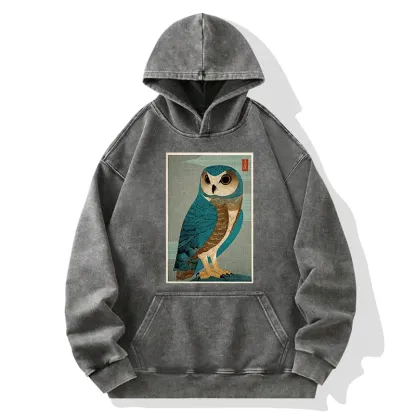 Tokyo-Tiger Vintage Owl Woodblock Art Washed Hoodie