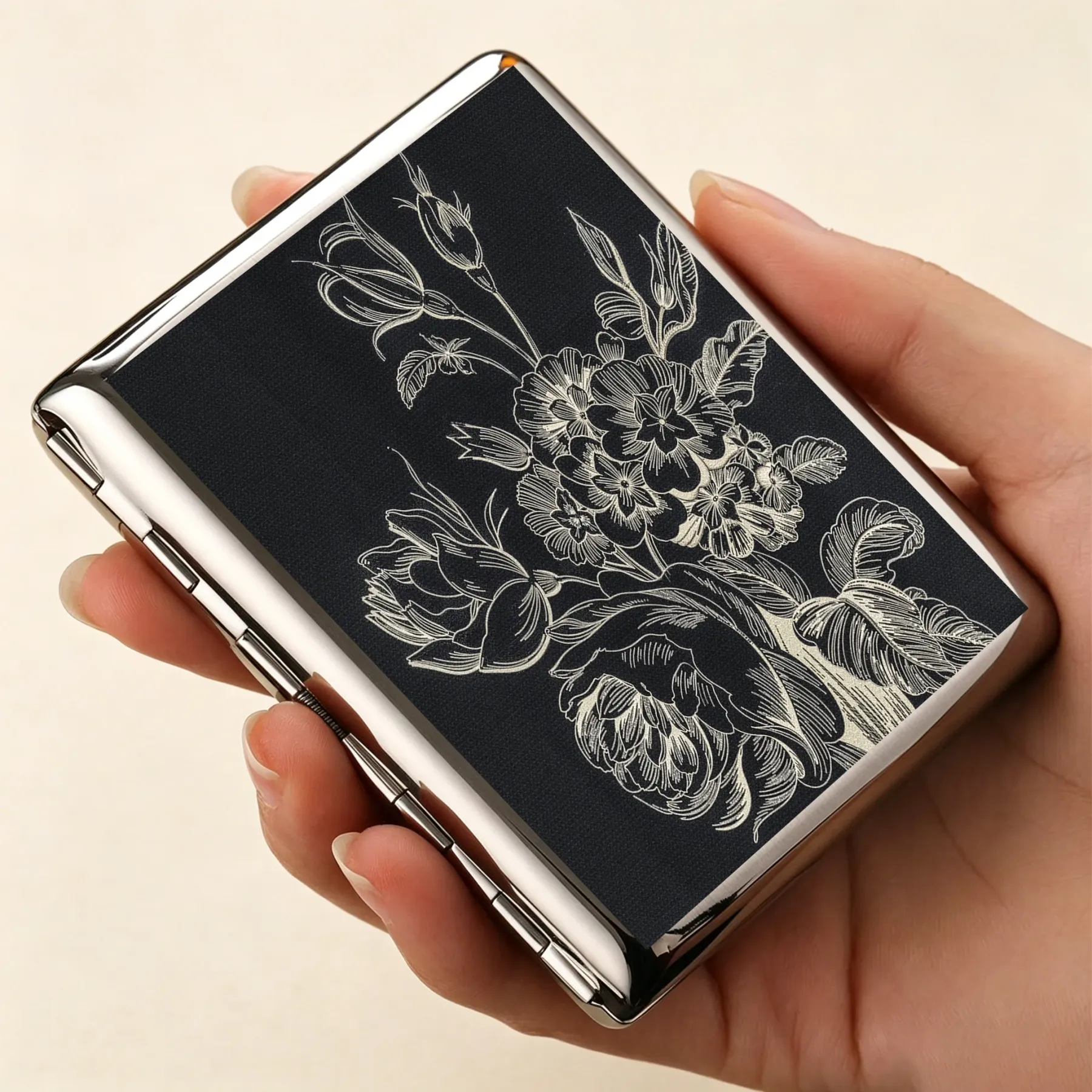 Tokyo-Tiger Monochrome Floral Elegance Cigarette Case