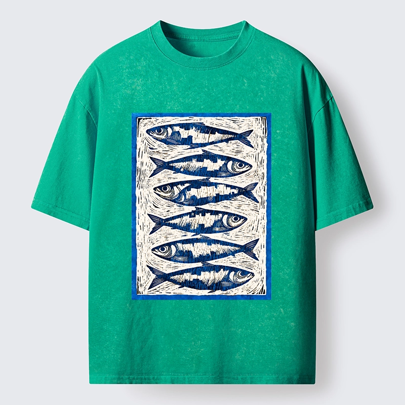 Tokyo-Tiger Vintage Block Print Ocean Fish Washed T-Shirt