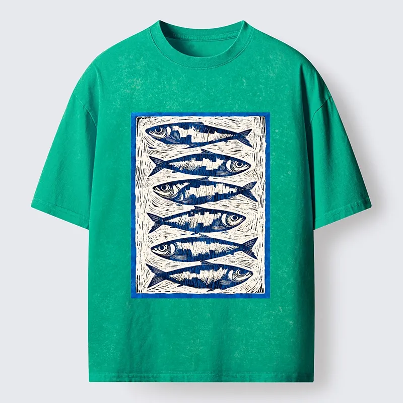 Tokyo-Tiger Vintage Block Print Ocean Fish Washed T-Shirt