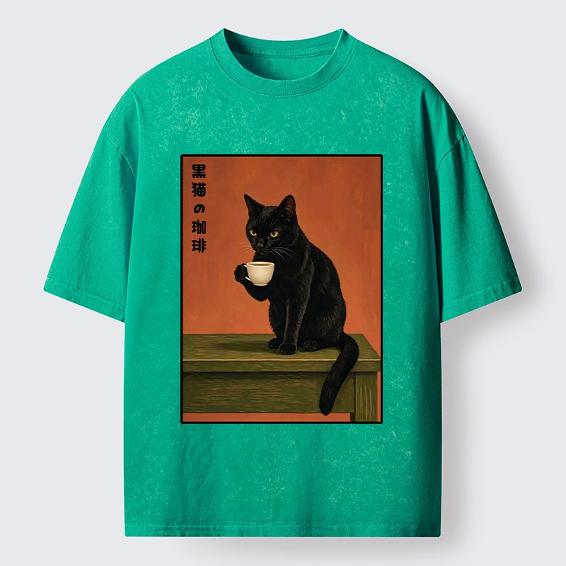 Tokyo-Tiger Retro Art Cat Sips Warm Coffee Washed T-Shirt Sale