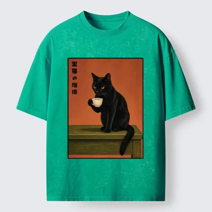 Tokyo-Tiger Retro Art Cat Sips Warm Coffee Washed T-Shirt