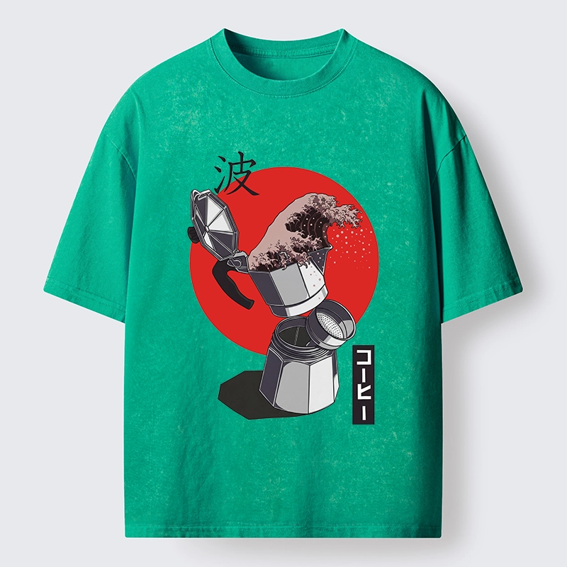 Tokyo-Tiger Coffee Wave Pours From Moka Pot Washed T-Shirt Sale
