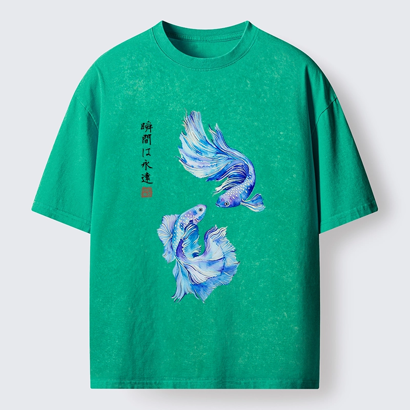 Tokyo-Tiger Japanese Watercolor Pair Betta Fish Washed T-Shirt