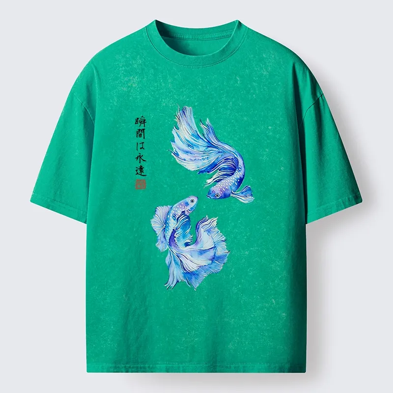 Tokyo-Tiger Japanese Watercolor Pair Betta Fish Washed T-Shirt