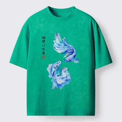 Tokyo-Tiger Japanese Watercolor Pair Betta Fish Washed T-Shirt