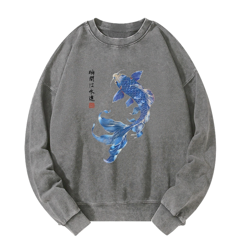 Tokyo-Tiger Lucky Blue Koi Fish Art Washed Sweatshirt