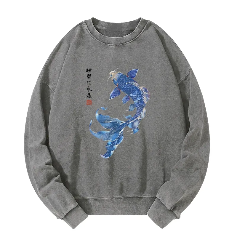 Tokyo-Tiger Lucky Blue Koi Fish Art Washed Sweatshirt