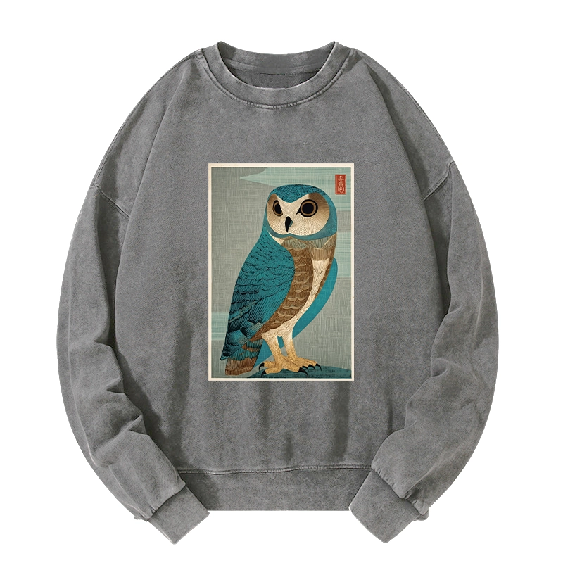 Tokyo-Tiger Vintage Owl Woodblock Art Washed Sweatshirt