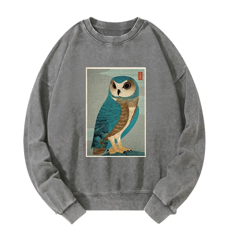 Tokyo-Tiger Vintage Owl Woodblock Art Washed Sweatshirt