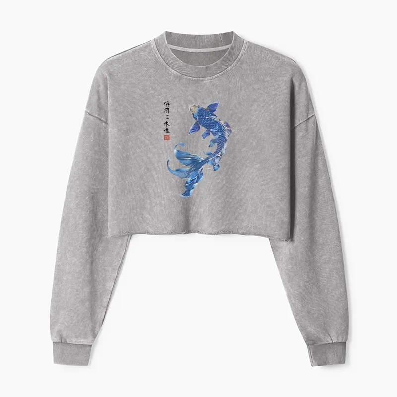 Tokyo-Tiger Lucky Blue Koi Fish Art Washed Crop Sweatshirt