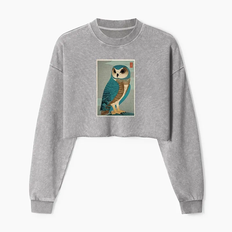 Tokyo-Tiger Vintage Owl Woodblock Art Washed Crop Sweatshirt