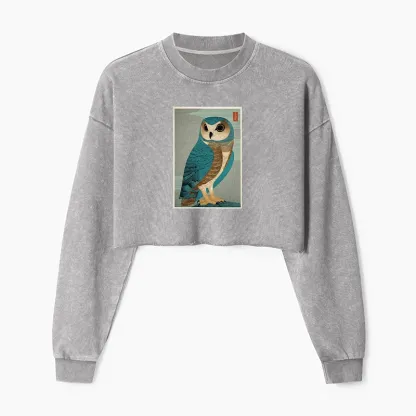 Tokyo-Tiger Vintage Owl Woodblock Art Washed Crop Sweatshirt