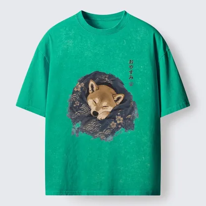 Tokyo-Tiger Sleepy Shiba Hides In Warm Quilt Washed T-Shirt