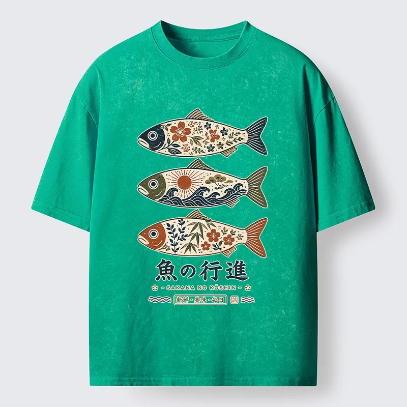 Tokyo-Tiger Sakura Waves Decorate Three Fish Washed T-Shirt Sale