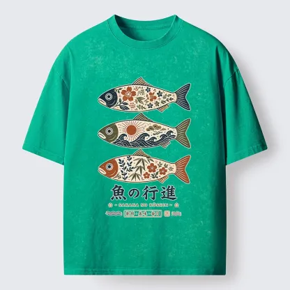Tokyo-Tiger Sakura Waves Decorate Three Fish Washed T-Shirt
