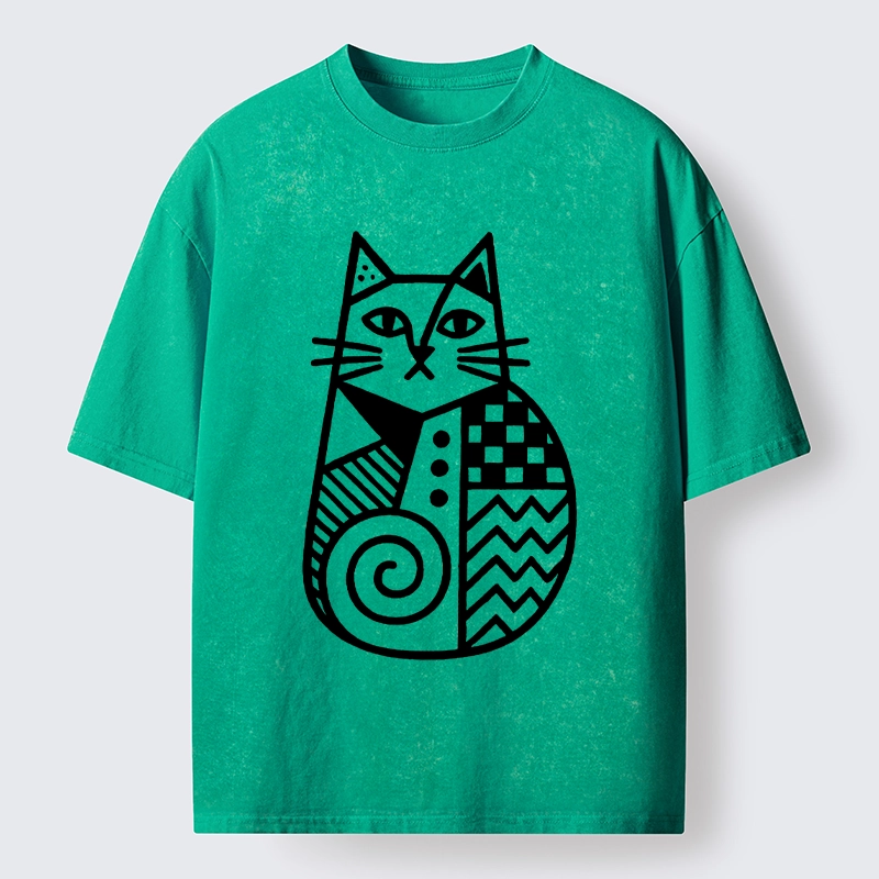 Tokyo-Tiger Simple Folk Art Patterned Cat Washed T-Shirt