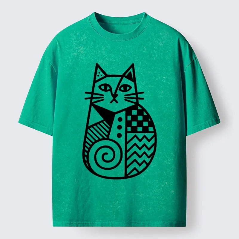Tokyo-Tiger Simple Folk Art Patterned Cat Washed T-Shirt