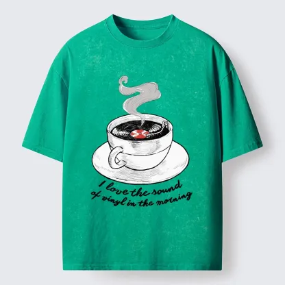 Tokyo-Tiger Coffee Cup Holds Spinning Vinyl Record Washed T-Shirt