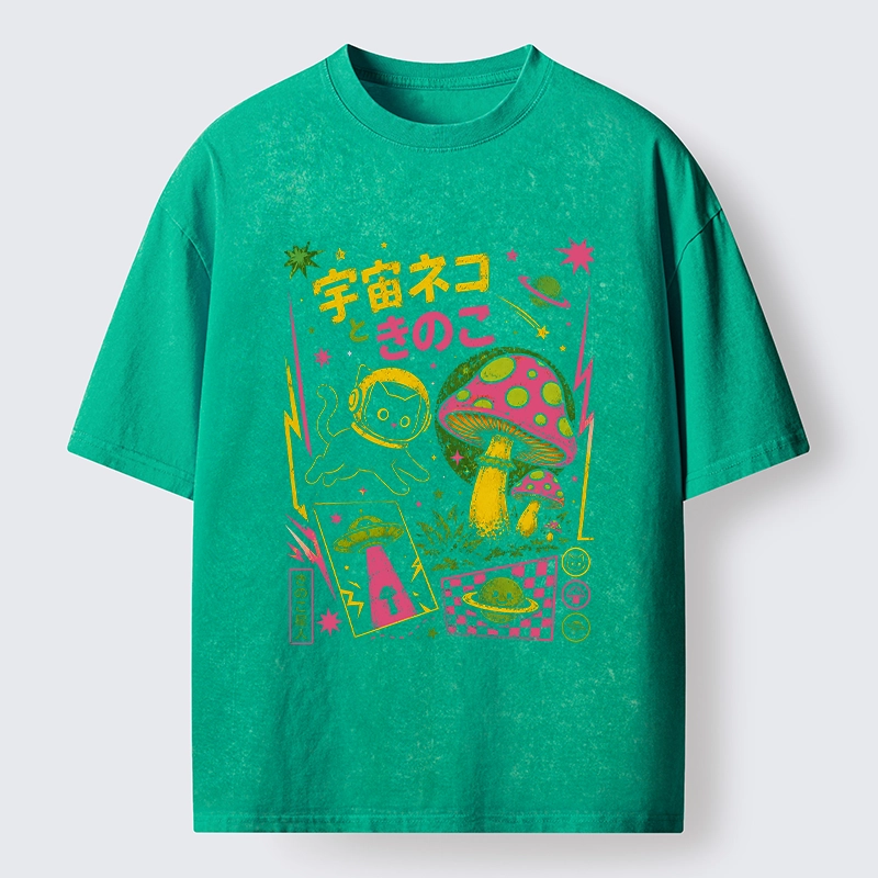 Tokyo-Tiger Space Cat And Magic Mushrooms Washed T-Shirt