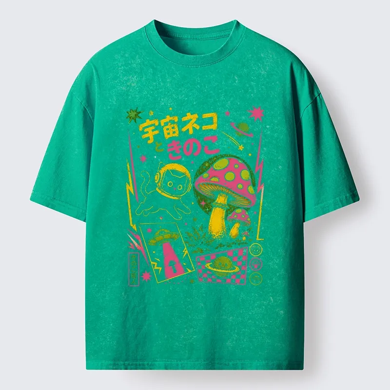 Tokyo-Tiger Space Cat And Magic Mushrooms Washed T-Shirt