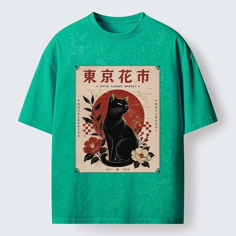 Tokyo-Tiger Tokyo Flower Market Cat Washed T-Shirt