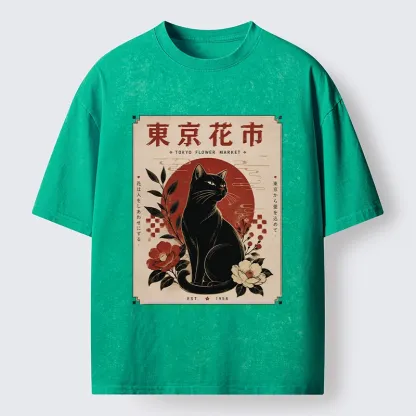 Tokyo-Tiger Tokyo Flower Market Cat Washed T-Shirt