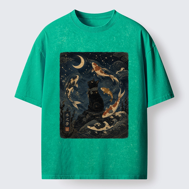 Tokyo-Tiger Black Cat And Koi Fish Washed T-Shirt