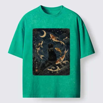 Tokyo-Tiger Black Cat And Koi Fish Washed T-Shirt