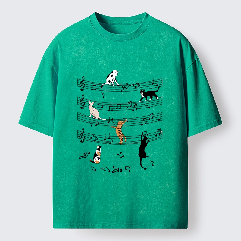 Tokyo-Tiger Cats On Musical Notes Washed T-Shirt