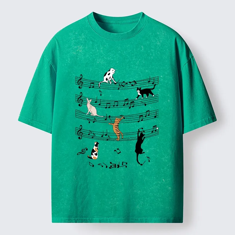 Tokyo-Tiger Cats On Musical Notes Washed T-Shirt